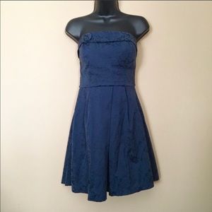 Navy Blue Paisley Floral Strapless Dress